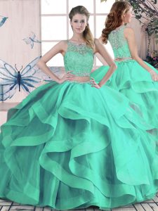 Two Pieces Sweet 16 Dress Turquoise Scoop Tulle Sleeveless Floor Length Lace Up