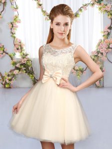 Eye-catching Champagne Scoop Neckline Lace and Bowknot Vestidos de Damas Sleeveless Lace Up