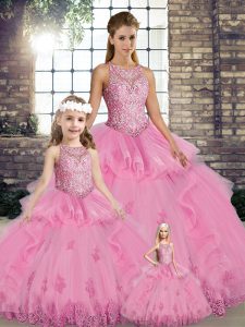 High Quality Sleeveless Tulle Floor Length Lace Up Quinceanera Gown in Rose Pink with Lace and Embroidery and Ruffles