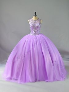 Latest Scoop Sleeveless Quinceanera Gown Floor Length Beading Lavender Tulle