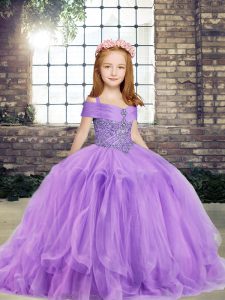 Spectacular Lavender Sleeveless Tulle Lace Up Pageant Dress Toddler for Party and Wedding Party