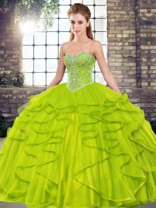 Olive Green Sleeveless Floor Length Beading and Ruffles Lace Up Quinceanera Dresses