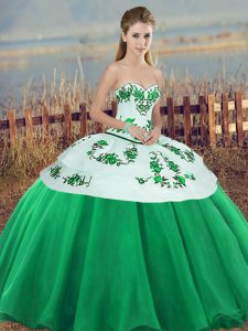 Fashionable Green Ball Gowns Sweetheart Sleeveless Tulle Floor Length Lace Up Embroidery and Bowknot 15th Birthday Dress
