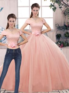 Unique Floor Length Two Pieces Short Sleeves Pink Sweet 16 Dresses Lace Up