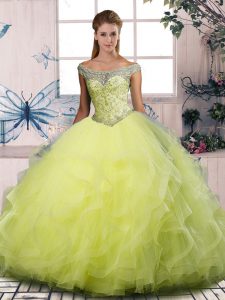 Fancy Off The Shoulder Sleeveless Sweet 16 Dress Floor Length Beading and Ruffles Yellow Green Tulle