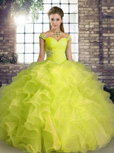 Free and Easy Yellow Green Organza Lace Up 15th Birthday Dress Sleeveless Floor Length Beading and Ruffles