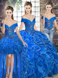 Royal Blue Three Pieces Organza Off The Shoulder Sleeveless Beading and Ruffles Floor Length Lace Up 15th Birthday Dress