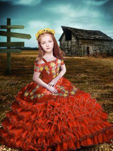 Extravagant Orange Red Short Sleeves Organza Lace Up Little Girls Pageant Dress Wholesale for Wedding Party