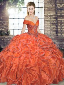 Off The Shoulder Sleeveless Lace Up Vestidos de Quinceanera Orange Red Organza