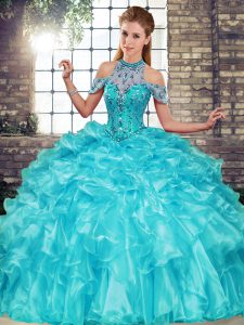 Best Selling Aqua Blue Halter Top Lace Up Beading and Ruffles Sweet 16 Quinceanera Dress Sleeveless