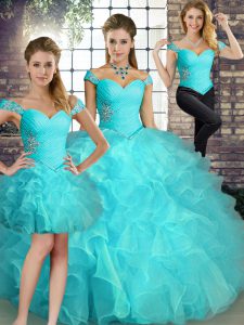 Three Pieces Quince Ball Gowns Aqua Blue Off The Shoulder Organza Sleeveless Floor Length Lace Up
