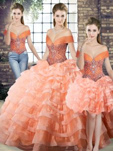 Enchanting Peach Sleeveless Beading and Ruffled Layers Lace Up Quince Ball Gowns