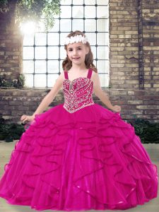 Sumptuous Fuchsia Tulle Lace Up Straps Sleeveless Floor Length Girls Pageant Dresses Beading