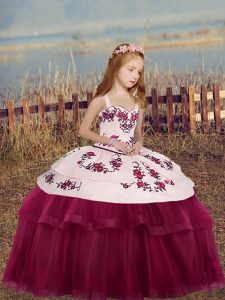 Beautiful Sleeveless Tulle Floor Length Side Zipper Little Girls Pageant Dress Wholesale in Fuchsia with Embroidery