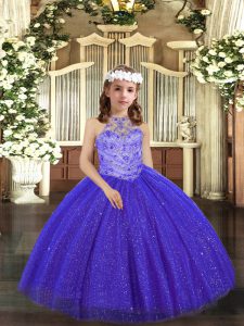 Royal Blue Tulle Lace Up Little Girls Pageant Dress Wholesale Sleeveless Floor Length Beading