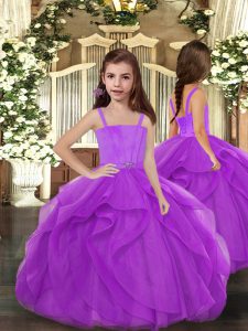 Modern Sleeveless Tulle Floor Length Lace Up Pageant Dresses in Purple with Ruffles