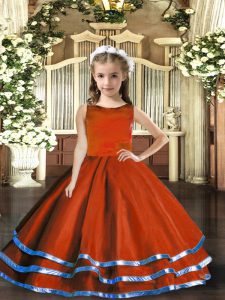 Simple Rust Red Tulle Lace Up Scoop Sleeveless Floor Length Little Girls Pageant Dress Wholesale Ruffled Layers