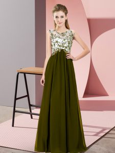 Sleeveless Chiffon Floor Length Zipper Quinceanera Court Dresses in Olive Green with Beading and Appliques