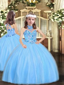 Customized Baby Blue Ball Gowns Halter Top Sleeveless Tulle Floor Length Lace Up Appliques Custom Made Pageant Dress