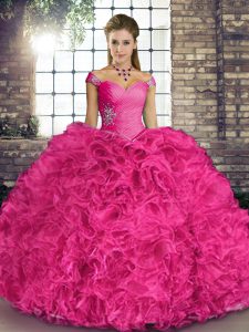 Hot Pink Ball Gowns Organza Off The Shoulder Sleeveless Beading and Ruffles Floor Length Lace Up Sweet 16 Quinceanera Dress