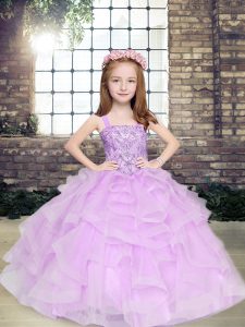 Custom Made Floor Length Lace Up Little Girls Pageant Gowns Lavender for Party and Military Ball and Wedding Party with Beading and Ruffles
