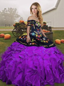 Black And Purple Ball Gowns Off The Shoulder Sleeveless Organza Floor Length Lace Up Embroidery and Ruffles Quince Ball Gowns