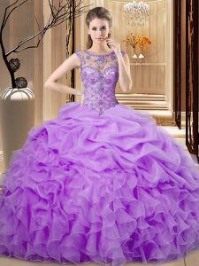 Colorful Lavender Organza Lace Up Scoop Sleeveless Floor Length Ball Gown Prom Dress Beading and Ruffles and Pick Ups