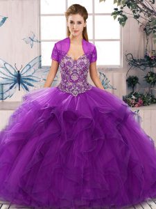 Elegant Purple Off The Shoulder Lace Up Beading and Ruffles Quinceanera Gown Sleeveless