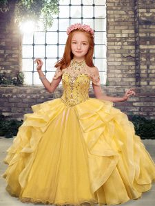 Gold Lace Up Scoop Beading and Ruffles Kids Formal Wear Organza Sleeveless