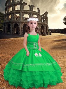 Comfortable Green Ball Gowns Embroidery and Ruffled Layers Pageant Gowns For Girls Zipper Satin and Organza Sleeveless Floor Length