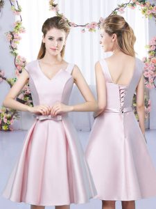 Fabulous Satin Asymmetric Sleeveless Lace Up Bowknot Dama Dress for Quinceanera in Baby Pink