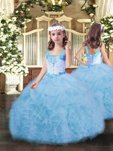 Blue Straps Neckline Beading and Ruffles and Pick Ups Little Girl Pageant Gowns Sleeveless Lace Up