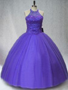 Chic Purple Halter Top Lace Up Beading 15th Birthday Dress Sleeveless