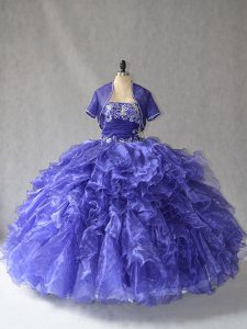 Floor Length Lace Up 15th Birthday Dress Blue for Sweet 16 and Quinceanera with Beading and Ruffles