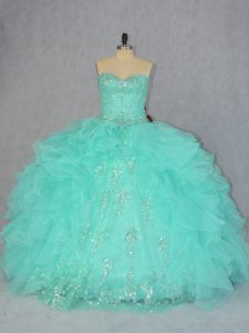 Customized Floor Length Lace Up 15 Quinceanera Dress Apple Green for Sweet 16 and Quinceanera with Beading and Ruffles