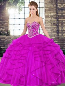 Noble Fuchsia Lace Up 15th Birthday Dress Beading and Ruffles Sleeveless Floor Length