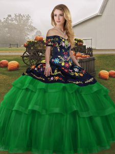 Sweet Lace Up Ball Gown Prom Dress Green for Military Ball and Sweet 16 and Quinceanera with Embroidery and Ruffled Layers Brush Train