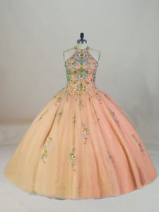 Captivating Peach Sleeveless Brush Train Appliques and Embroidery Vestidos de Quinceanera