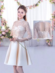 Wonderful Half Sleeves Mini Length Lace and Belt Lace Up Quinceanera Court Dresses with Champagne