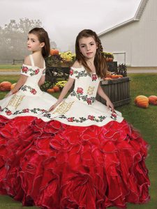 Hot Selling Red Straps Neckline Embroidery and Ruffles Kids Pageant Dress Sleeveless Lace Up