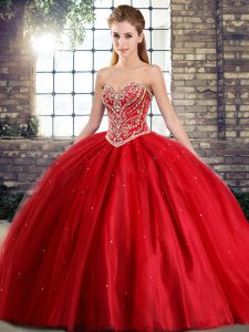 Sumptuous Lace Up Sweet 16 Quinceanera Dress Red for Military Ball and Sweet 16 and Quinceanera with Beading Brush Train