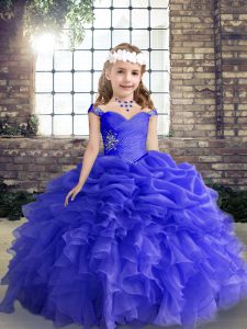 Flare Blue Sleeveless Organza Lace Up Kids Formal Wear for Party and Wedding Party
