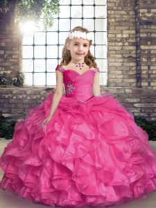 Hot Pink Straps Neckline Beading and Ruffles Pageant Dress Toddler Sleeveless Lace Up