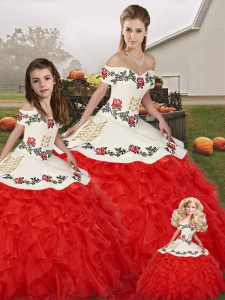 Pretty Floor Length White And Red 15 Quinceanera Dress Off The Shoulder Sleeveless Lace Up