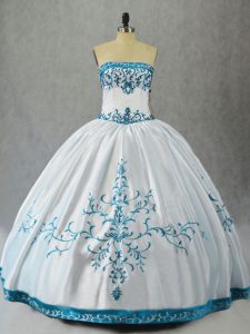 Excellent Strapless Sleeveless Quinceanera Gown Floor Length Embroidery White Satin