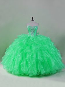 Green Lace Up Sweetheart Beading and Ruffles Sweet 16 Dresses Organza Sleeveless