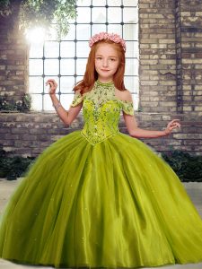 Olive Green Sleeveless Floor Length Beading Lace Up Little Girl Pageant Gowns