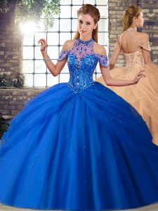 Fitting Blue Ball Gowns Tulle Halter Top Sleeveless Beading and Pick Ups Lace Up Sweet 16 Quinceanera Dress Brush Train