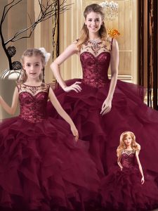 Burgundy Tulle Lace Up Scoop Sleeveless Sweet 16 Quinceanera Dress Brush Train Beading and Ruffles