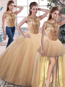 Beading Sweet 16 Quinceanera Dress Gold Lace Up Sleeveless Floor Length